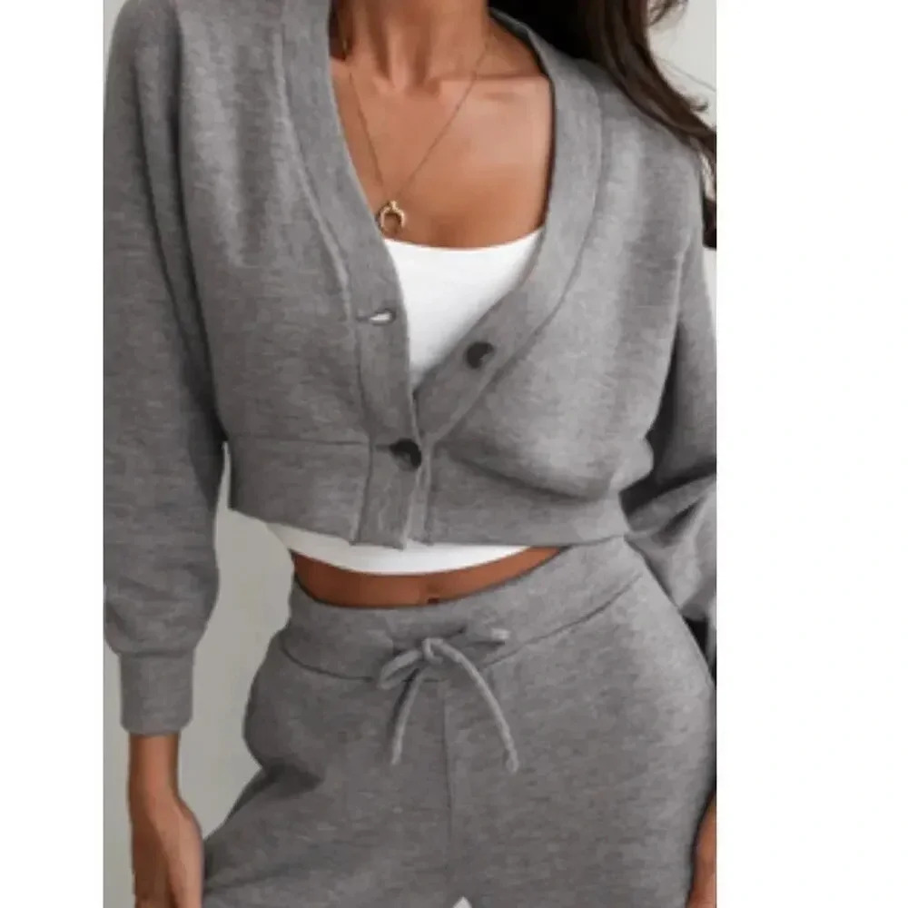 NWT Commense Gray Long Sleeve V-Neck Button Down Athflow Crop Jacket Size XL